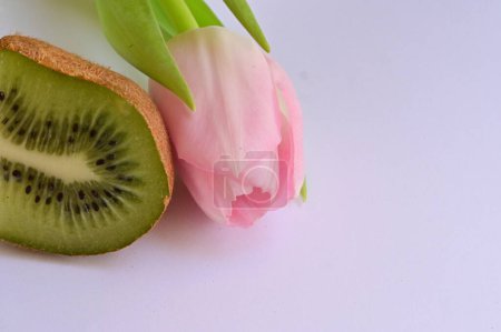 Téléchargez les photos : Kiwi et fleur de tulipe sur le fond blanc - en image libre de droit