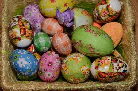 Téléchargez les photos : Oeufs de Pâques colorés et fleur - en image libre de droit