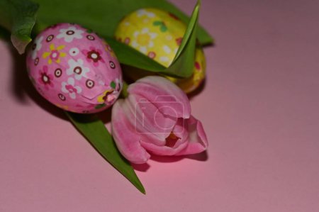 Téléchargez les photos : Fleurs de tulipe et oeufs de Pâques, gros plan - en image libre de droit