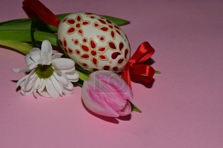 Photo for Holiday composition of   flowers and  easter egg, close up - Royalty Free Image
