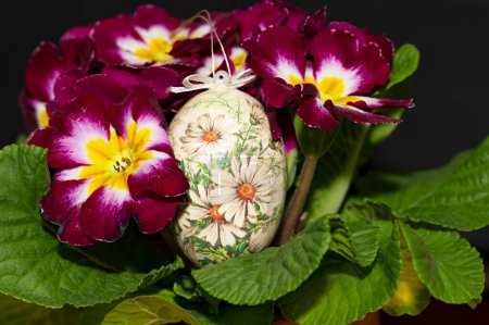 Foto de Composición de vacaciones de flores y huevo de Pascua, primer plano - Imagen libre de derechos