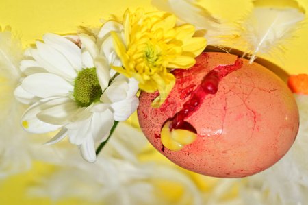 Photo for Flowers and  easter egg in feathers, close up - Royalty Free Image