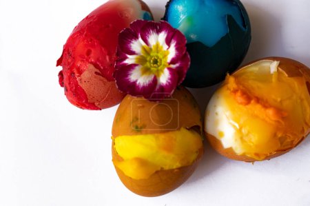 Foto de Huevos de Pascua pintados y flor, de cerca - Imagen libre de derechos