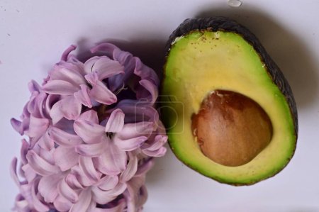 Téléchargez les photos : Avocat frais avec fleur violette sur fond blanc - en image libre de droit