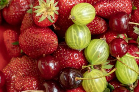 Photo for Fresh strawberries, gooseberries and cherries in the market - Royalty Free Image