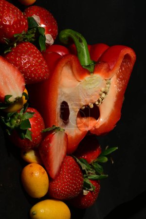 Téléchargez les photos : Variété de fruits et légumes sur fond noir - en image libre de droit