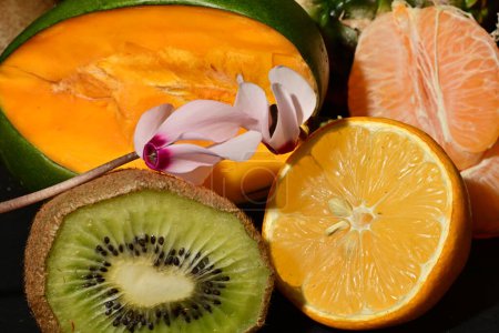 Foto de Una variedad de frutas incluyendo naranjas, kiwi, y una flor - Imagen libre de derechos