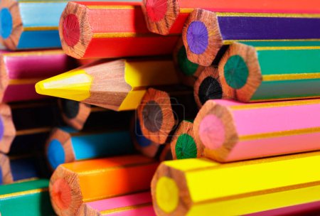 Photo for Colored  wooden pencils , yelloew pencil tip ,, back to school or office supply - Royalty Free Image