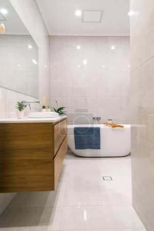 Téléchargez les photos : Moderne spacieuse rénovation de salle de bains luxueuse - en image libre de droit