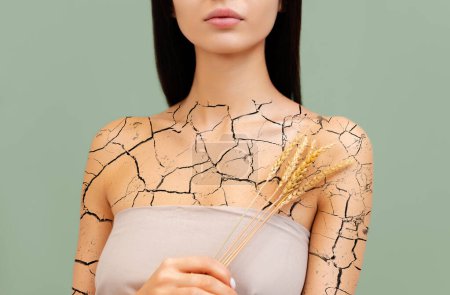 Dry skin of the body. Portrait of a woman with a wheat ear in her hands, and skin covered with cracks. The concept of skin diseases.