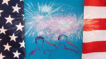 Téléchargez les photos : Silhouettes of a two soldiers saluting on a blue background with fireworks, framed by an American flag. Back view. The concept of the Veterans Day and Independence Day. - en image libre de droit
