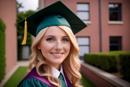 Portrait of young Caucasian smiling female student in hat and gown posing at ceremony. Successful graduation from university. Concept of education and getting diploma and degree of bachelor