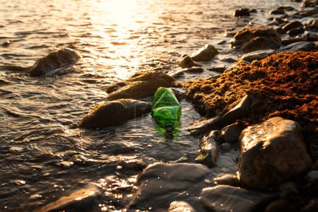 Photo for Pollution of seas and rivers. Ecosystem conservation. A green plastic bottle is lying in the water on the ocean shore. The concept of ecological disaster. - Royalty Free Image