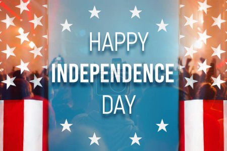 Photo for Congratulation Happy Independence day on double exposure background with waving flag of the USA, fireworks and people. Concept of patriotism and national holidays of United States of America. - Royalty Free Image