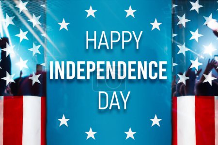 Photo for Congratulation of Happy Independence day on double exposure background with waving flag of the USA and people. Concept of national holidays of United States of America. - Royalty Free Image