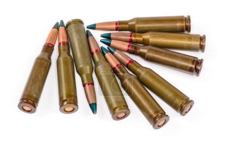 Photo for Tracer service rifle cartridges with green marking of the bullet tips on a white background - Royalty Free Image