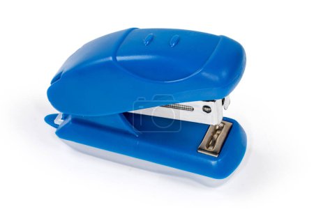 Photo for Small manual paper stapler loaded with appropriate metal staples on a white background, close-up - Royalty Free Image
