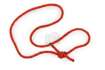 Foto de Loop of red rope with ends tied with water knot on a white background - Imagen libre de derechos