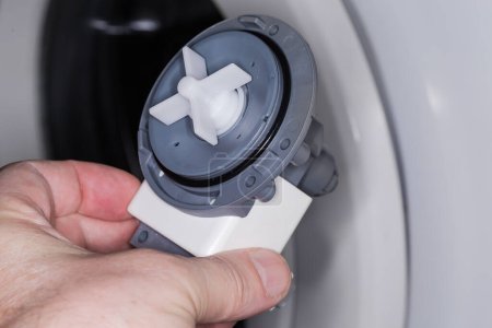 Téléchargez les photos : Assemblage de pompe de vidange de la machine à laver moderne, comme pièce de rechange dans une main sur un fond flou d'une rondelle - en image libre de droit