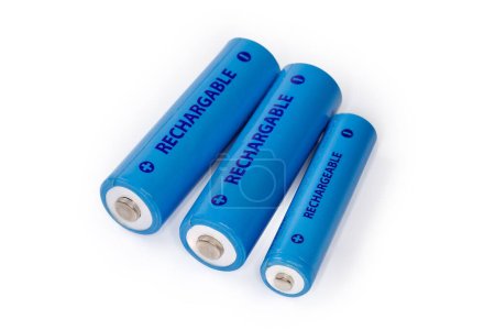 Téléchargez les photos : Blue rechargeable nickel metal hydride batteries AA and AAA sizes on a white background - en image libre de droit