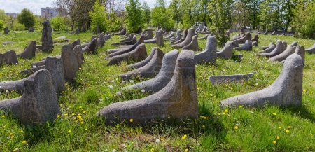 Téléchargez les photos : Vue panoramique de la partie de l'ancien cimetière juif avec de vieilles pierres tombales en pierre sous la forme de bottes en feutre au printemps jour ensoleillé, Berdychiv, Ukraine - en image libre de droit