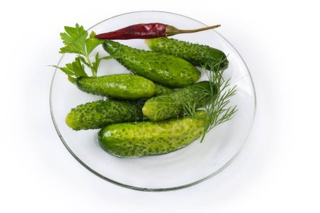 Photo for Semi-pickled, or lightly salted cucumbers and gherkins made with short-term salting method on the glass saucer on a white background - Royalty Free Image