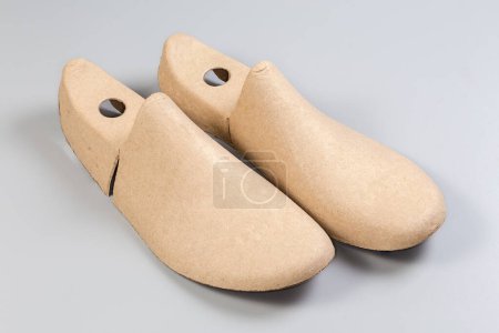 Foto de Pareja de los insertos de soporte moldeados para mantener los zapatos de forma hechos con pulpa de papel sobre un fondo gris - Imagen libre de derechos