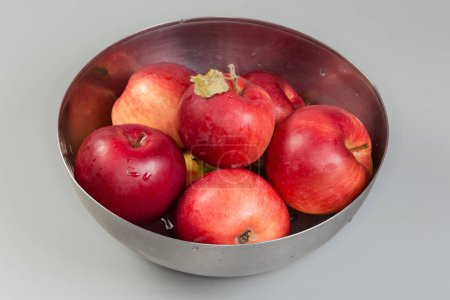 Photo for Washed red apples covered with water drops in the stainless steel kitchen bowl on a gray background - Royalty Free Image