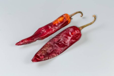 Two big thick dried pods of the red pepper chili on a gray background