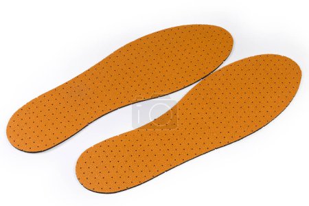 Pair of the two-layer insoles made with porous latex foam with activated carbon and  genuine leather  covering on a white background