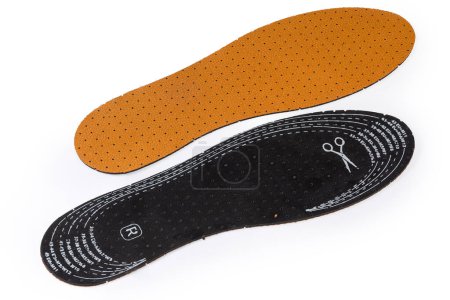 Latex insoles with genuine leather covering,  ability to cut to the desired size with size designation according to the standards of different regions, view from both sides on white background