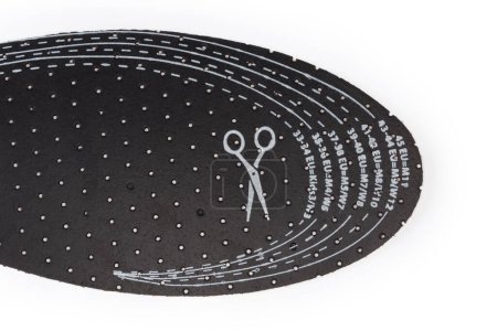 Insole in front with sizes designation according to the standards of different regions in order to ability to cut to the desired size, top view on a white background