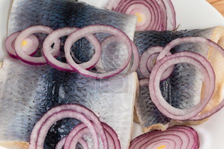 Pickled herring fillets on skin with fresh red onion sliced into rings on the white dish, top view close-up