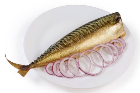 Whole cold-smoked Atlantic mackerel without head with fresh red onion sliced into rings on a white dish on a white background