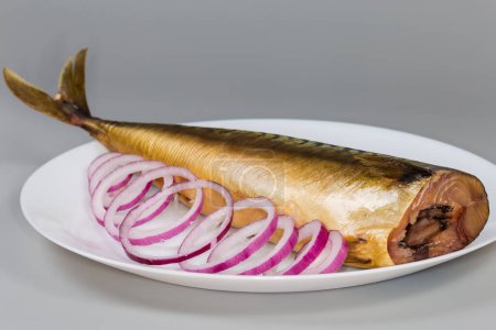 Whole cold-smoked Atlantic mackerel without head and fresh red onion sliced into rings on dish on a gray background, side view close-up in selective focus