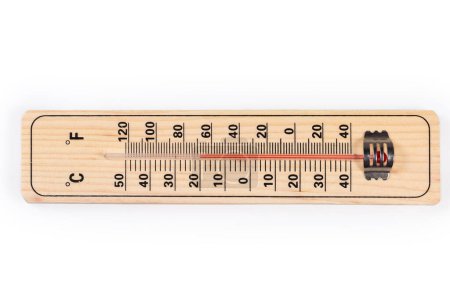 Alcohol thermometer with natural wooden base and double scale of Celsius and Fahrenheit units, top view on a white background