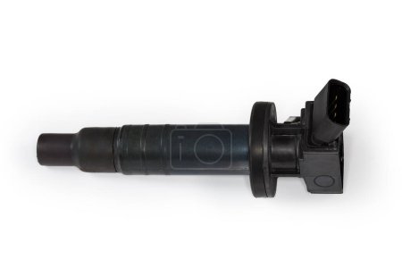 Used ignition coil of coil-on-plug system for modern car petrol internal combustion engine on a white background