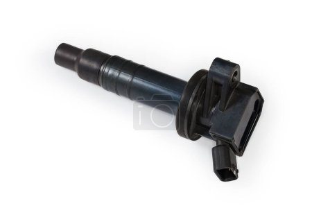 Used ignition coil of coil-on-plug system for modern car petrol internal combustion engine on a white background