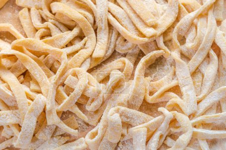 Raw freshly prepared homemade egg noodles in the shape of the long strips sprinkled with flour, top view, background