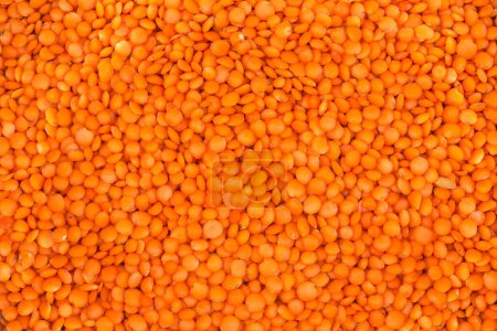 Surface of heap of raw whole red lentil, top view close-up, background