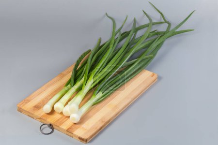 Stems of peeled and washed fresh young green onion on a cutting board on a gray background