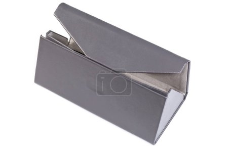 Partly open hard spectacle case triangular shape with gray imitation leather covering on a white background