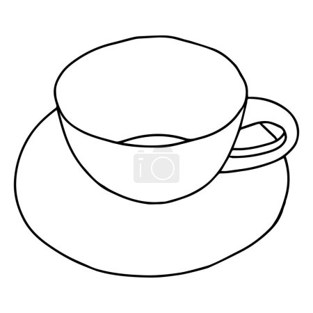 Téléchargez les illustrations : Illustration vectorielle de dessin à la main noire d'une tasse vide pour café chaud ou thé avec une assiette isolée sur un fond blanc - en licence libre de droit