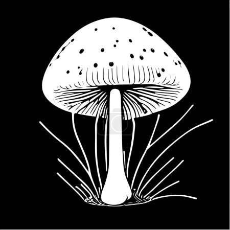 Ilustración de Un vector blanco dibujado a mano ilustración de un hongo fresco mosca agárico aislado sobre un fondo negro - Imagen libre de derechos