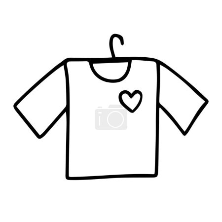 Téléchargez les illustrations : Une belle illustration vectorielle de mode dessinée à la main d'un T-shirt avec cintre et coeur isolé sur un fond blanc - en licence libre de droit