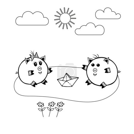A Vector piggy fat girl and a piggy boy playing with a boat together on a white background for coloring book for kids