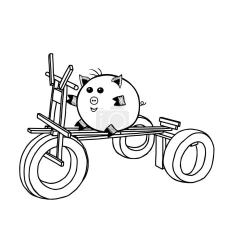 A Black vector fat pig riding a bicycle on a white background for coloring book for children