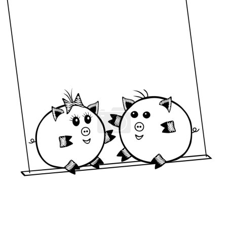 Ein Vector-Schweinchen und ein Schweinchen schwingen gemeinsam auf der Schaukel auf weißem Hintergrund zum Malbuch für Kinder