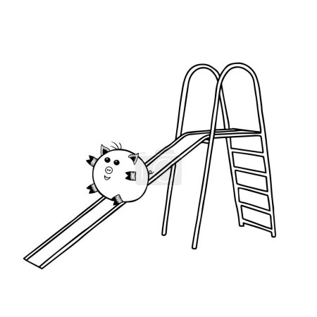 A Vector piggy fat boy sliding down the slide on a white background for coloring book for kids