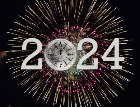 Photo for New Year 2024 moon clock with fireworks on black sky - Royalty Free Image